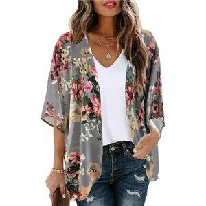 Women's Floral Print Puff Sleeve Kimono Cardigan Loose Cover Up Casual Blouse